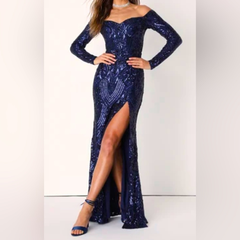 Navy Blue Sequin Off-The-Shoulder Maxi Dress